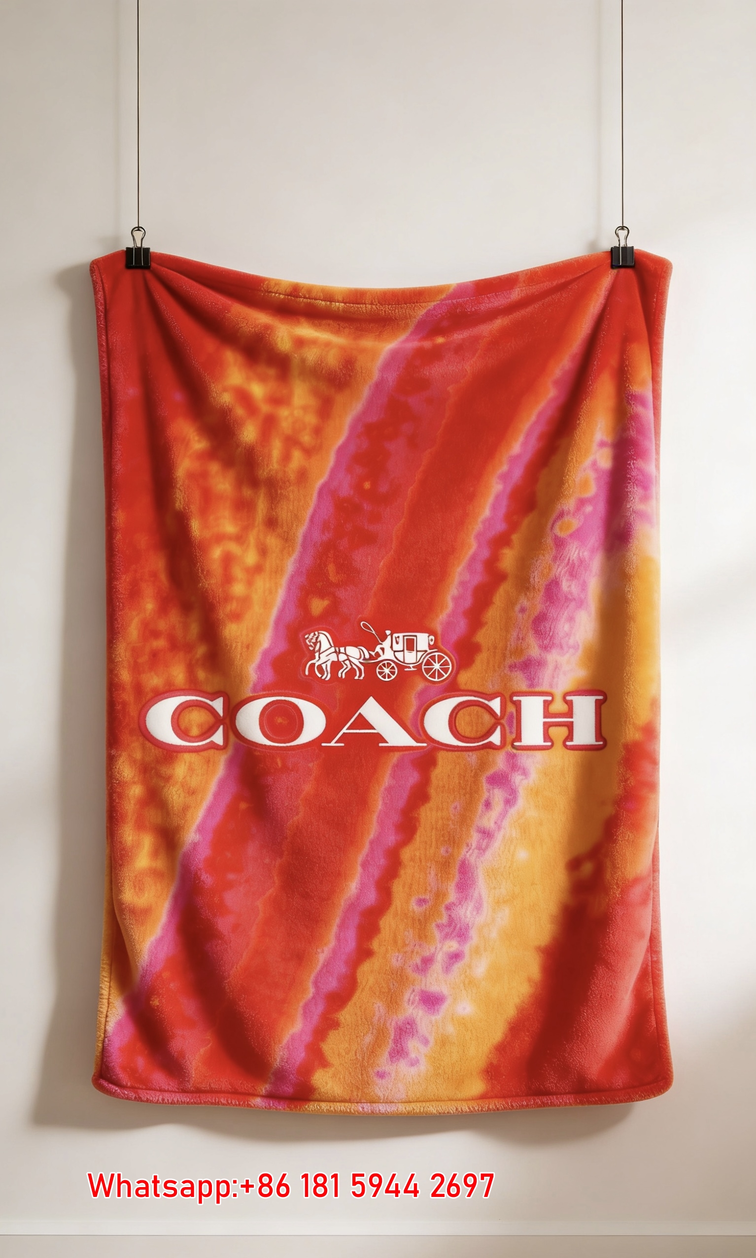 Coach Red Orange Stripe Flannel Throw Blanket C012